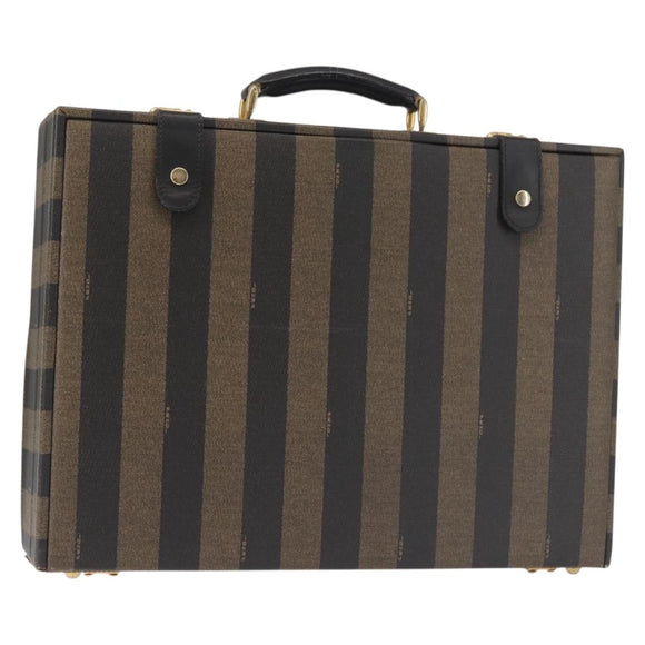 FENDI Attache Case Pecan Canvas Black Brown Auth 143134
