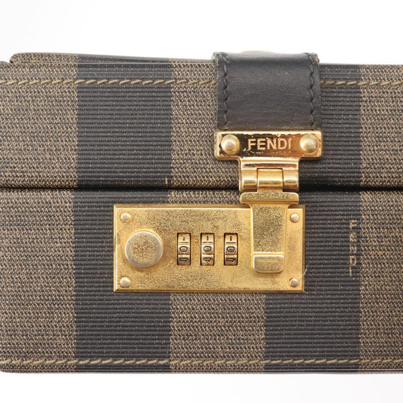 FENDI Attache Case Pecan Canvas Black Brown Auth 143134