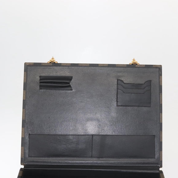 FENDI Attache Case Pecan Canvas Black Brown Auth 143134