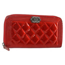 CHANEL Boy Chanel Long Wallet Patent leather Red Silver CC Auth 143150-1