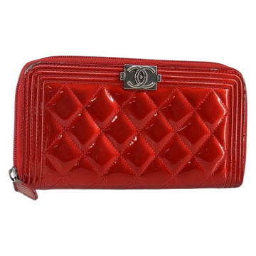 CHANEL Boy Chanel Long Wallet Patent leather Red Silver CC Auth 143150