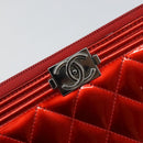 CHANEL Boy Chanel Long Wallet Patent leather Red Silver CC Auth 143150-18