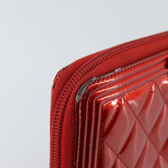 CHANEL Boy Chanel Long Wallet Patent leather Red Silver CC Auth 143150