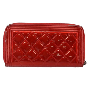 CHANEL Boy Chanel Long Wallet Patent leather Red Silver CC Auth 143150 - 0