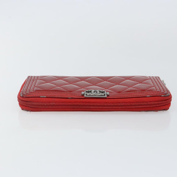 CHANEL Boy Chanel Long Wallet Patent leather Red Silver CC Auth 143150