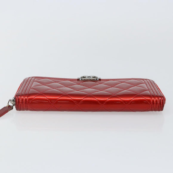 CHANEL Boy Chanel Long Wallet Patent leather Red Silver CC Auth 143150