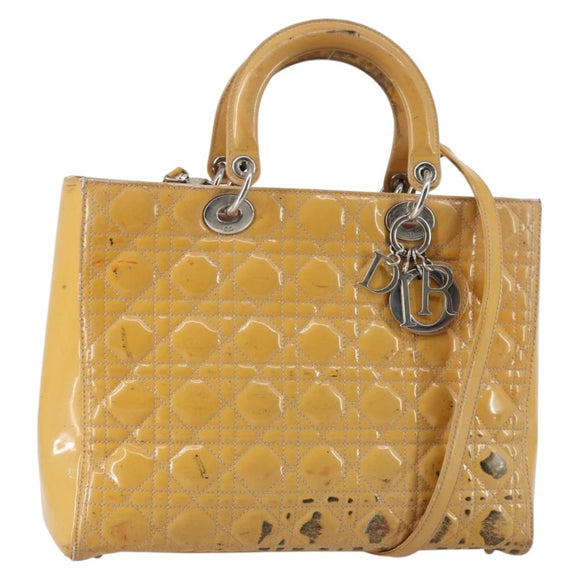 Christian Dior Lady Dior Canage Bag Patent leather 2way Beige Silver Auth 143159