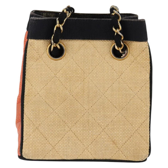 CHANEL Matelasse Chain Shoulder Bag Straw Beige Gold CC Auth 143162