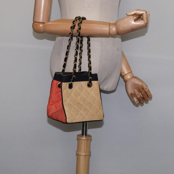 CHANEL Matelasse Chain Shoulder Bag Straw Beige Gold CC Auth 143162
