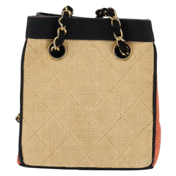 CHANEL Matelasse Chain Shoulder Bag Straw Beige Gold CC Auth 143162