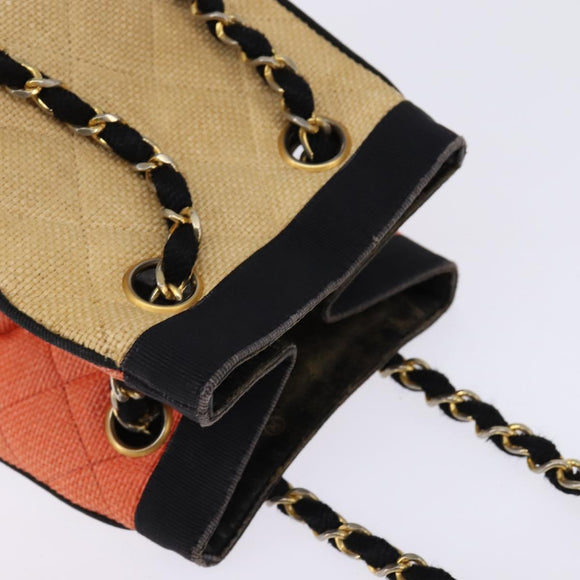 CHANEL Matelasse Chain Shoulder Bag Straw Beige Gold CC Auth 143162