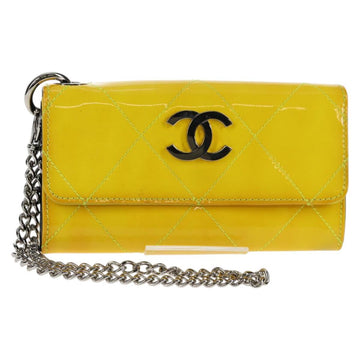 CHANEL Matelasse Chain Wallet Patent leather Yellow Silver CC Auth 143166V