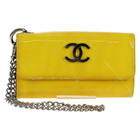 CHANEL Matelasse Chain Wallet Lakleer Geel Zilver CC Auth 143166V