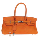 HERMES Shoulder Birkin Hand Bag Leather Orange Silver Auth 143171V-1