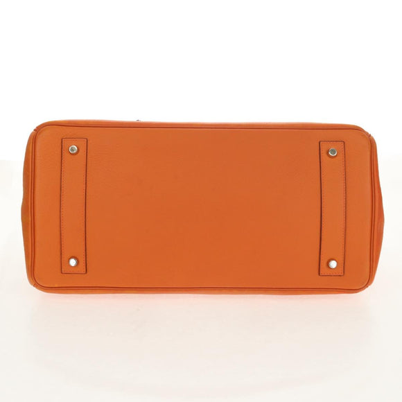 HERMES Shoulder Birkin Hand Bag Leather Orange Silver Auth 143171V