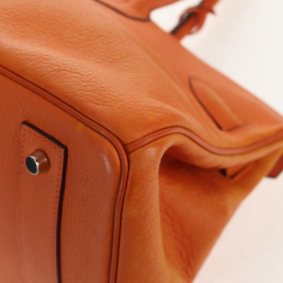 HERMES Shoulder Birkin Hand Bag Leather Orange Silver Auth 143171V
