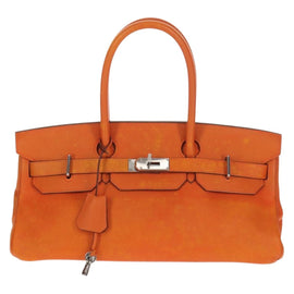 HERMES Shoulder Birkin Hand Bag Leather Orange Silver Auth 143171V - 0