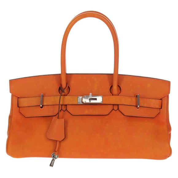 HERMES Shoulder Birkin Hand Bag Leather Orange Silver Auth 143171V