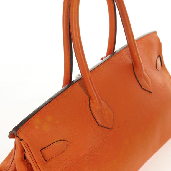 HERMES Shoulder Birkin Hand Bag Leather Orange Silver Auth 143171V