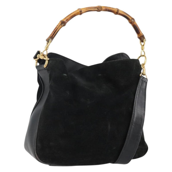 GUCCI Bamboo Hand Bag Suede Leather 2way Black Gold 001 3754 1638 Auth 143211