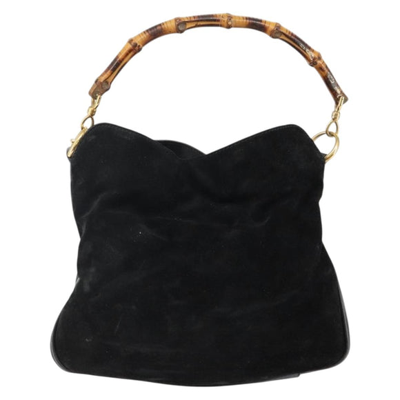 GUCCI Bamboo Hand Bag Suede Leather 2way Black Gold 001 3754 1638 Auth 143211