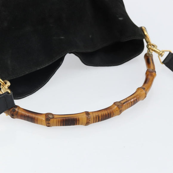 GUCCI Bamboo Hand Bag Suede Leather 2way Black Gold 001 3754 1638 Auth 143211