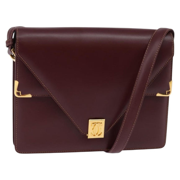 CARTIER Must Line Shoulder Bag Leather Bordeaux Gold Auth 143214