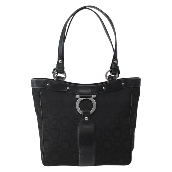 Salvatore Ferragamo Gancini Tote Bag Canvas Leather Black Silver Auth 143217