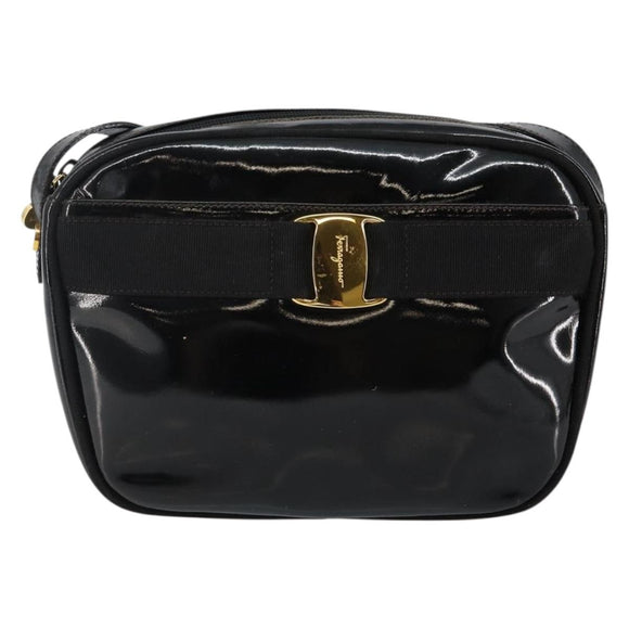 Salvatore Ferragamo Vala Shoulder Bag Enamel Black Gold Auth 143264
