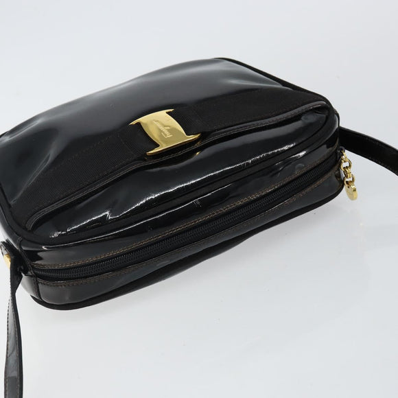 Salvatore Ferragamo Vala Shoulder Bag Enamel Black Gold Auth 143264