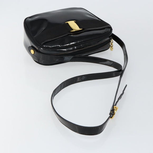 Salvatore Ferragamo Vala Shoulder Bag Enamel Black Gold Auth 143264
