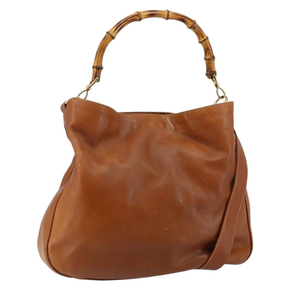 GUCCI Bamboo Hand Bag Leather 2way Beige Silver 001 1577 Auth 143268