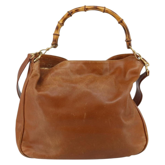 GUCCI Bamboo Hand Bag Leather 2way Beige Silver 001 1577 Auth 143268