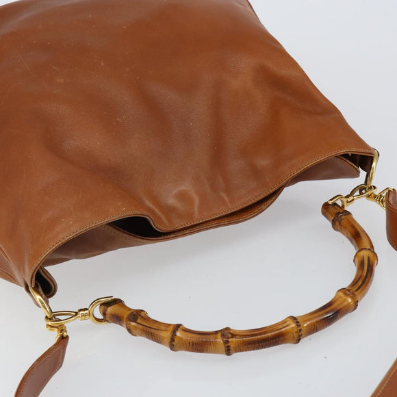 GUCCI Bamboo Hand Bag Leather 2way Beige Silver 001 1577 Auth 143268