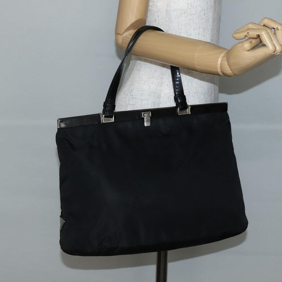 PRADA Tote Bag Nylon Black Silver Auth 143273