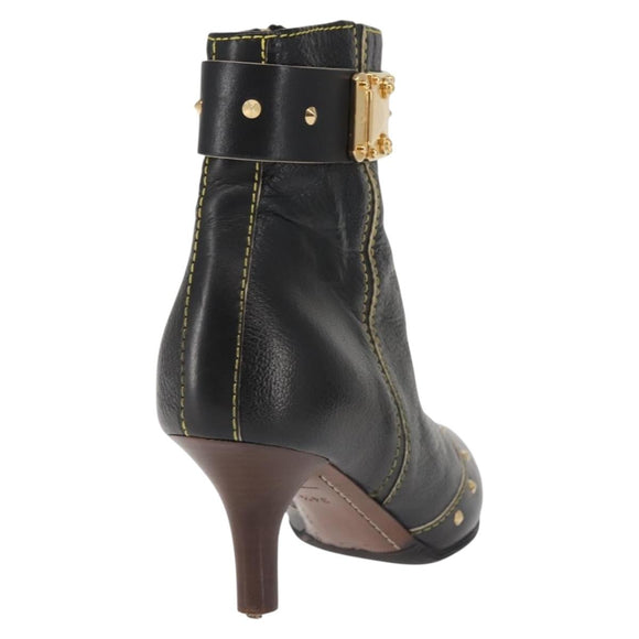 LOUIS VUITTON Short Boots Suhari Leather 34 1/2 Black Gold LV Auth 143282