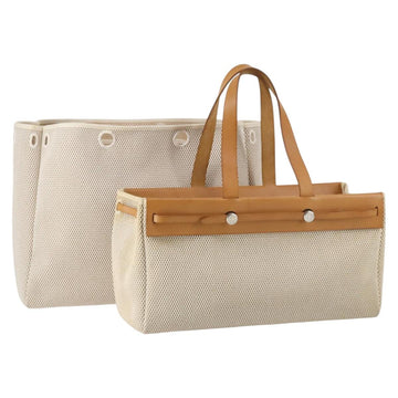 HERMES Her Bag Cabus GM Tote Bag Canvas Leather Beige Auth 143299