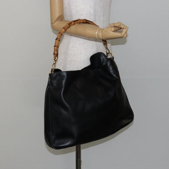 GUCCI Bamboo Hand Bag Leather Black Gold 001 1577 Auth 143300