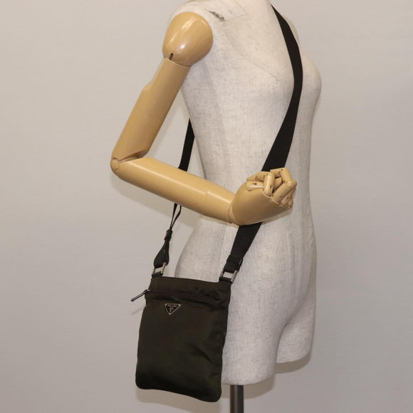 PRADA Shoulder Bag Nylon Khaki Silver Auth 143342