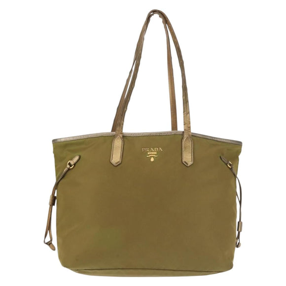 PRADA Tote Bag Nylon Khaki Gold Auth 143347