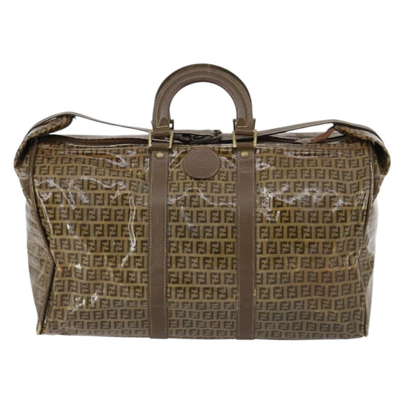 FENDI Zucchino Canvas Boston Bag Coated Canvas Brown Gold Auth 143353