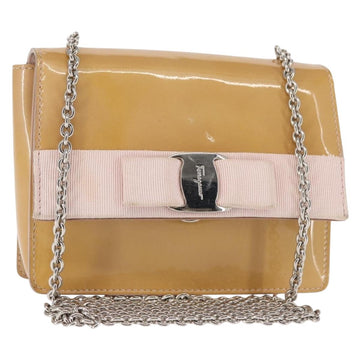 Salvatore Ferragamo Chain Vala Shoulder Bag Enamel Beige Silver Auth 143357