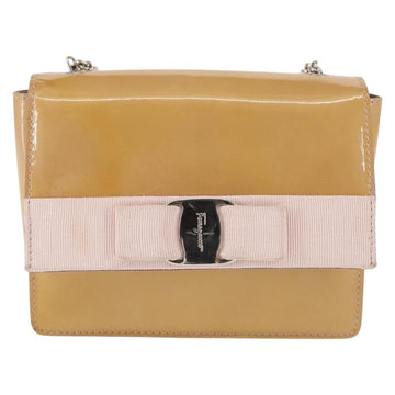 Salvatore Ferragamo Chain Vala Shoulder Bag Enamel Beige Silver Auth 143357 - 0