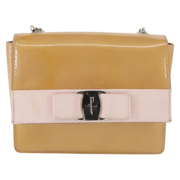 Salvatore Ferragamo Chain Vala Shoulder Bag Enamel Beige Silver Auth 143357