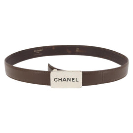 CHANEL Belt Leather 33.1"" Brown CC Auth 143375