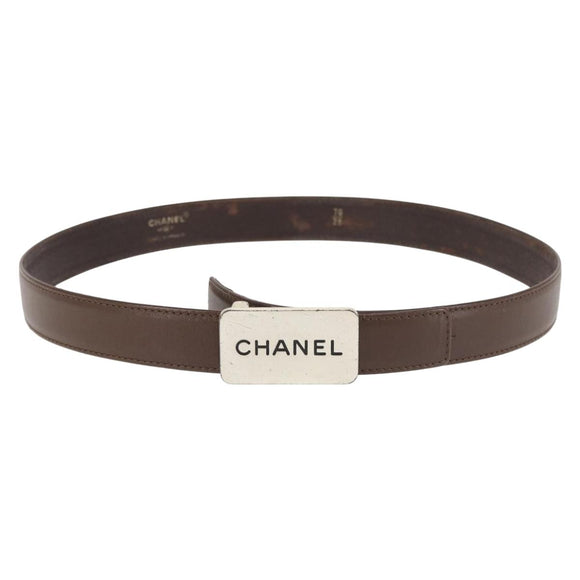 CHANEL Belt Leather 33.1"" Brown CC Auth 143375
