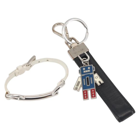 PRADA Charm Metal Leather 2Set Black Silver Auth 143381