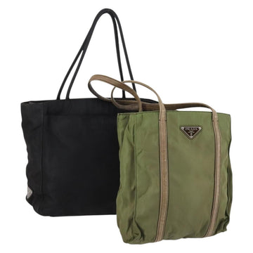 PRADA Tote Bag Nylon 2Set Khaki Black Auth 143394