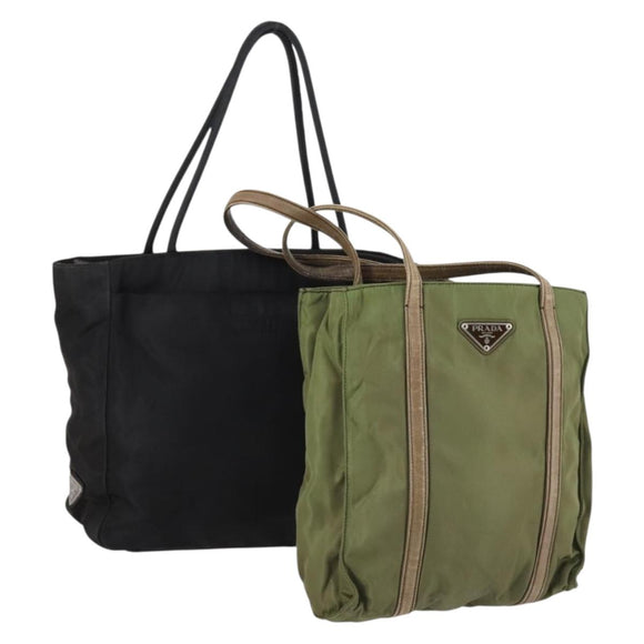 PRADA Tote Bag Nylon 2 Set Khaki Black Auth 143394