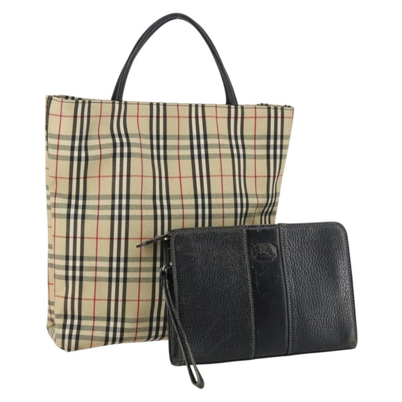 BURBERRY Nova Check Tote Bag Leather Canvas 2Set Black Beige Auth 143395
